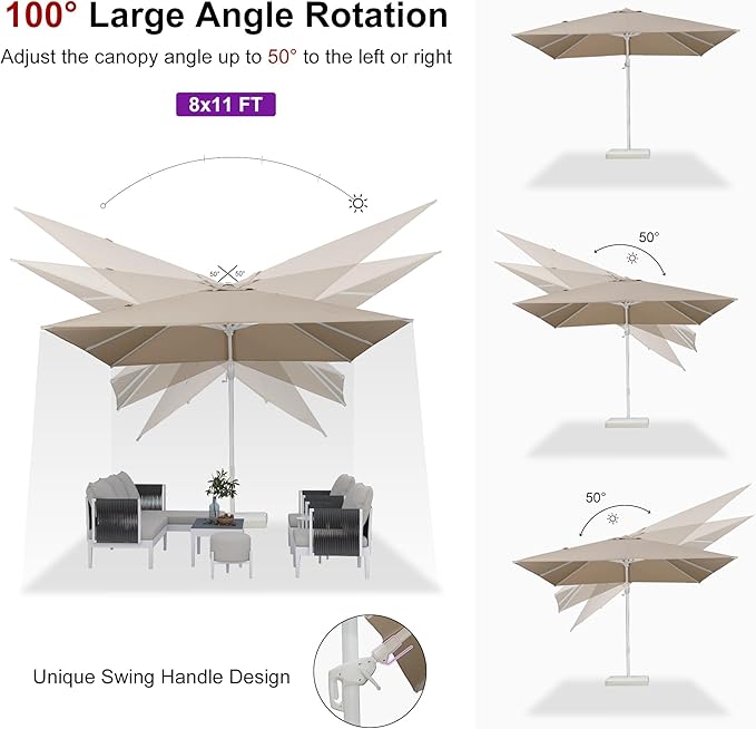 PURPLE LEAF 8' X 11.5' Right-left Tilt White Cantilever Umbrella with Base Patio Outdoor Swivel Umbrellas with Aluminum Tilt Offset Umbrella with 360° Rotation for Deck Pool, Beige