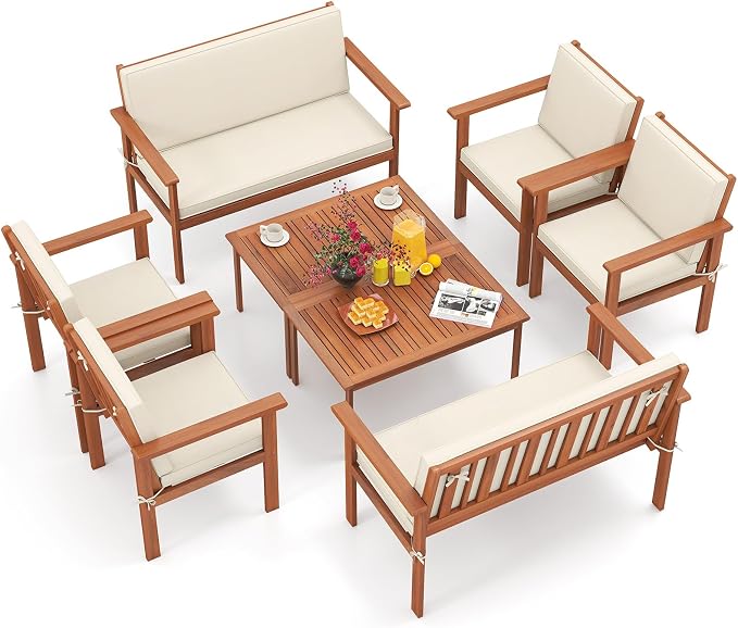 Tangkula 8 Pieces Acacia Wood Patio Conversation Set, Outdoor Wooden Cushioned Chairs & Slatted Coffee Table Set,for Backyard, Porch, Balcony, Poolside and Lawn (Off White,2)