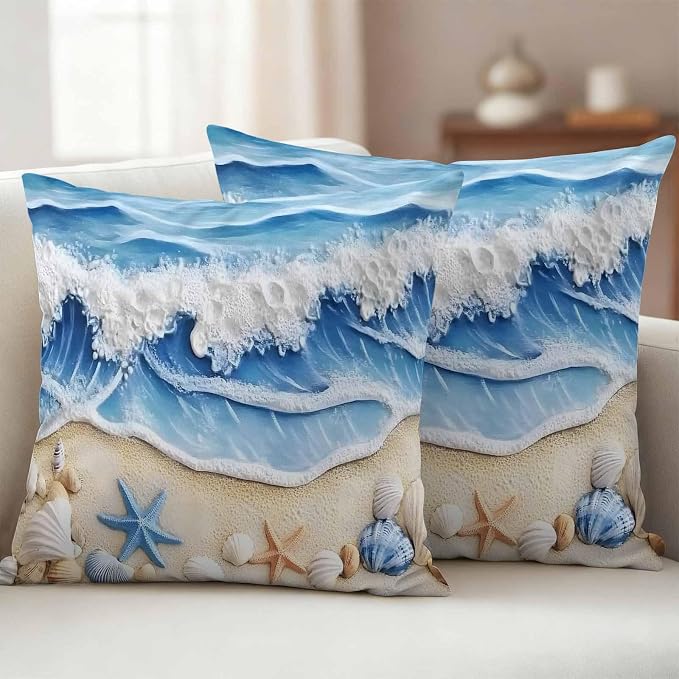 Summer Beach Outdoor Waterproof Throw Pillow Covers Set of 2, 16"x16", Seashell Starfish Nautical Coastal Decorative Pillow Covers Outside Cushion Case for Patio Porch Garden