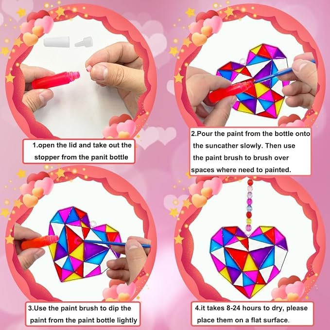 AUEKIV 30 Sets Valentine's Suncatchers Craft DIY Kit Heart Suncatcher Kit for Window Paint Art Suncatchers Valentine's Day Heart Sun Catcher Supplies for Valentine Gift Exchange Activities