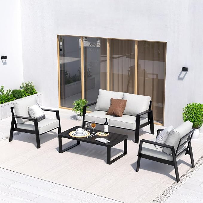 Aluminum Outdoor Patio Furniture Set, 4 Piece Sectional Coversation Sets with Coffee Table, Modern Outdoor Sofa Couch with Thick Cushions for Porch, Balcony, Garden, Light Gray