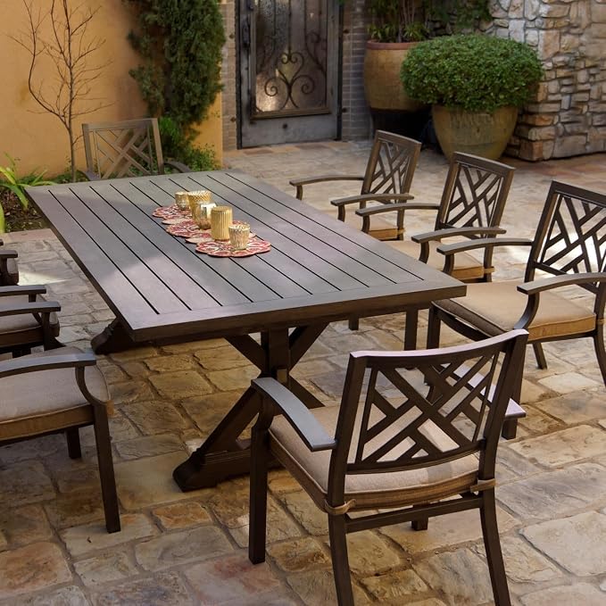 Darlee Brooklyn 9 Pc Aluminum Dining Set w/ 86 X 44 Inch Table in Multi Brown/Sesame