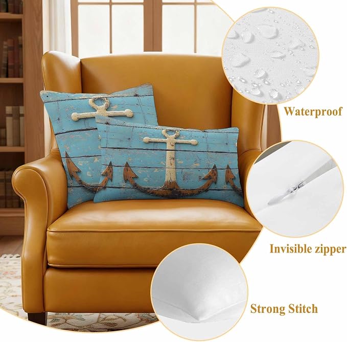 Vintage Anchor Waterproof Outdoor Pillow Covers Set of 2 Home Decor, Coastal Nautical Blue Brown Wooden Pillowcase Patio Pillow Covers for Couch Bench Furniture Garden 20x12in