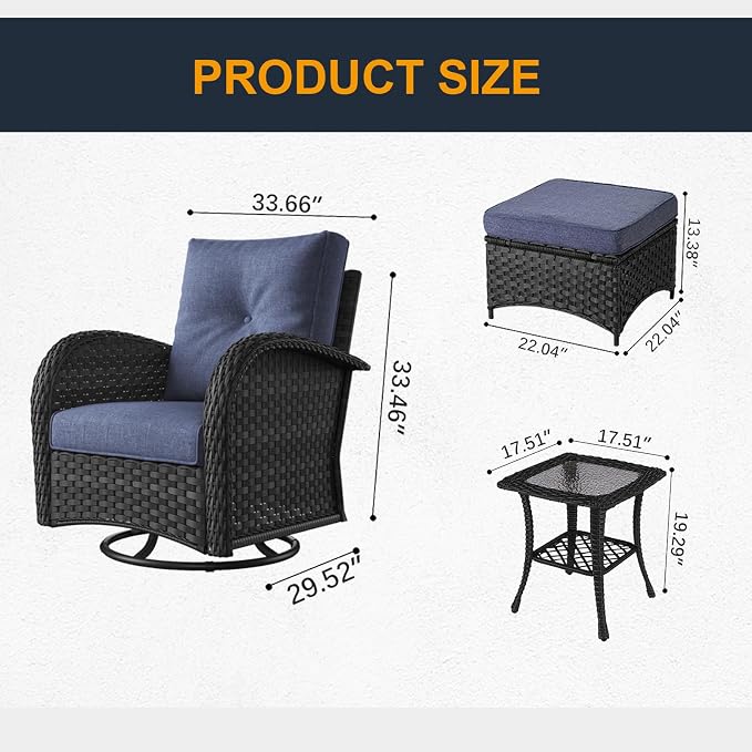 5 Pieces Outdoor Wicker Patio Swivel Rocking Chairs, All Weather Wicker Conversation Set with Side Table