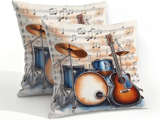 20x20 Inch Outdoor Pillow Covers Set of 2 Waterproof Throw Pillow Covers Decorative Couch Cushion Covers Music Guitar Drum Stand Square Pillowcases Protectors for Patio Garden Sofa