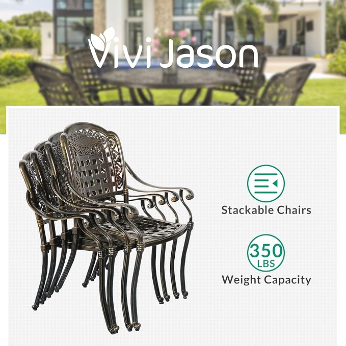 VIVIJASON 5-Piece Patio Furniture Dining Set, All-Weather Cast Aluminum Outdoor Conversation Set, Include 4 Cushioned Chairs and 1 Round Table w/Umbrella Hole for Balcony, Lawn, Backyard, Red Cushion