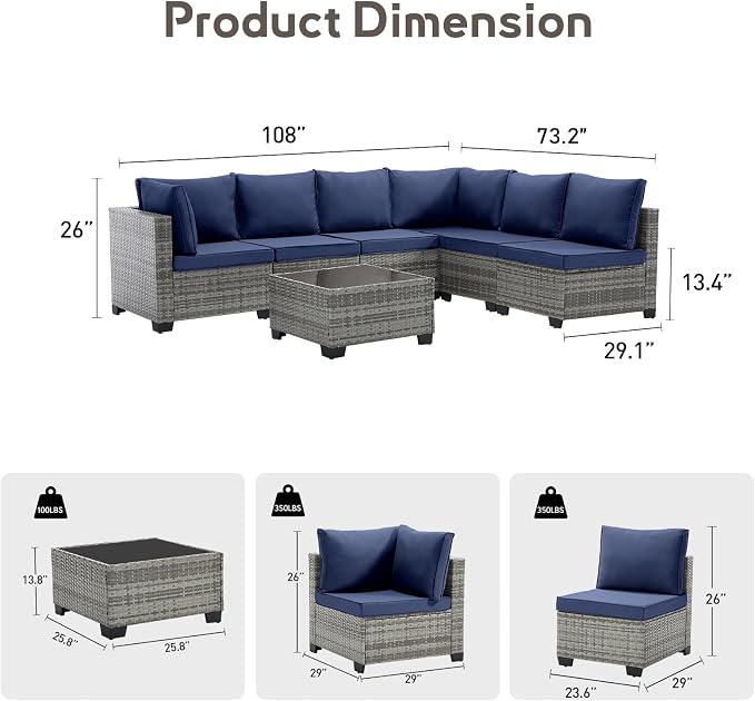 Bonzy Home 7 Pieces Outdoor Patio Furniture Set, PE Rattan Outdoor Sectional Furniture Sofa Set with Removable Cover and Glass Coffee Table, Patio Sofa for Balcony, Porch, Garden, (Grey-Navy Blue)