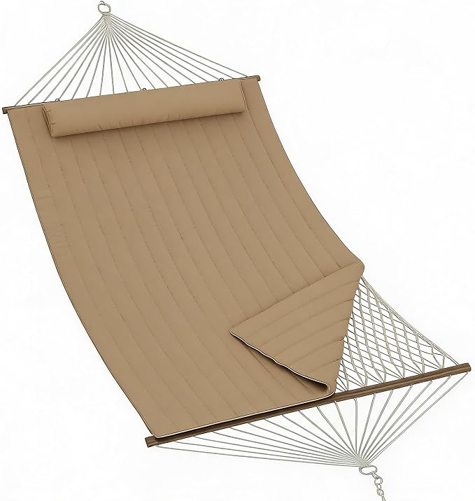 Double Spreader Bar Hammock with Stand, 2-Person, 12ft, 450lbs Capacity | quick-dry, UV-resistant, detachable pad & pillow, side pockets, for patio/backyard/garden/beach, Brown-Yellow