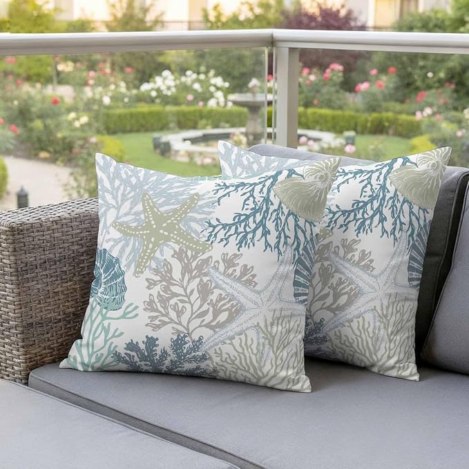 Blue Coral Coastal Waterproof Outdoor Pillow Covers 18''x18'' Set of 2, Starfish Conch Patio Furniture Summer Cushion Covers for Chairs, Decorative Beach Ocean Pillow Cases for Garden/Pool/Beach