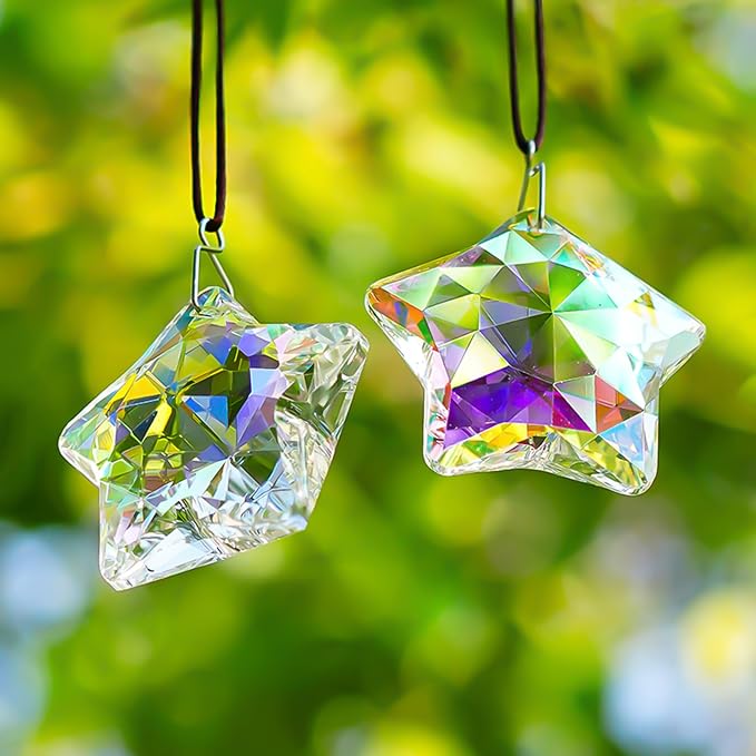 2 Pcs 2 Inch AB Crystal Star Prism Suncatcher Window Hanging Decor | Handmade AB Coating Crystal Star Prism Suncatcher Rainbow Pendants Set of 2 for Window Garden Home Office Christmas Decor