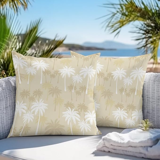 Throw Pillow Covers 26x26 Inch Set of 2, Tropical Palm Tree Waterproof Outdoor Pillow Covers, Beige White Plants Coastal Leaf Beach Decorative Cushion Pillowcases for Couch, Sofa, Bed, Garden, Patio