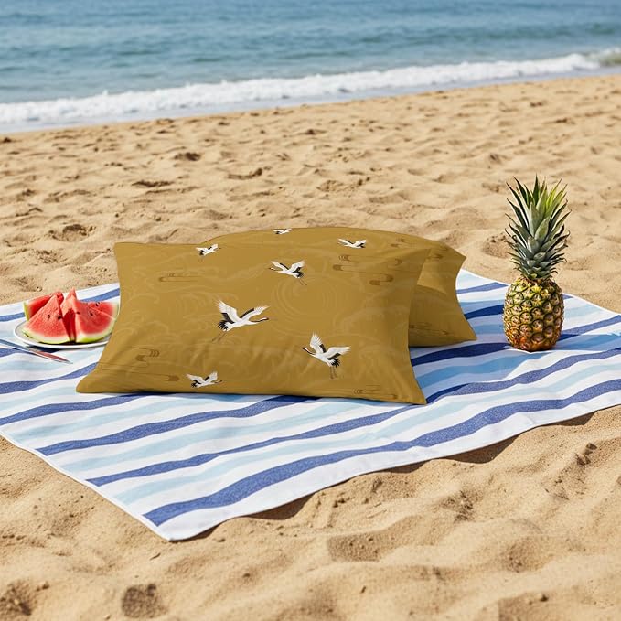 Japanese Style Outdoor Pillow Covers 20x12 Inch Lumbar Pillow Covers Set of 2 Waterproof Decorative Throw Pillow Cases Vintage Art Cranes Ocean Wave Yellow Cushion Covers for Patio Furniture Garden