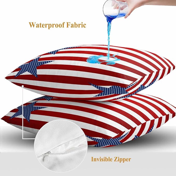 4th of July Outdoor Throw Pillows Covers 16x16 inch Set of 2 Waterproof Patriotic American Flag Zippered Cushion Covers for Patio Furniture, Red White and Blue Stars Stripes Lumbar Pillowcases