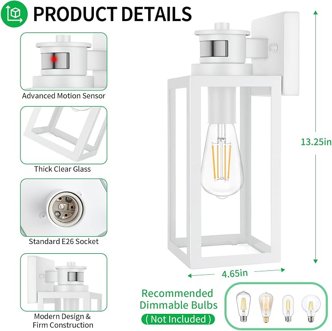 2-Pack Motion Sensor Outdoor Wall Lantern, Dusk to Dawn Exterior Light Fixtures Wall Mount, White Outside Light for House, Waterproof Outside Lantern Sconces, Anti-Rust Porch Lighting with Clear Glass