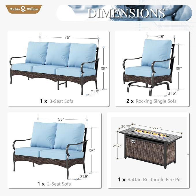 Sophia & William Patio Furniture Set with Fire Pit Table, 5 PCS Metal Outdoor Conversation Set with Fire Pit Table, 2 Sofa Chairs,1 Loveseat, 3-Seater Couch for Outdoor Seating, Backyard, Porch(Blue)