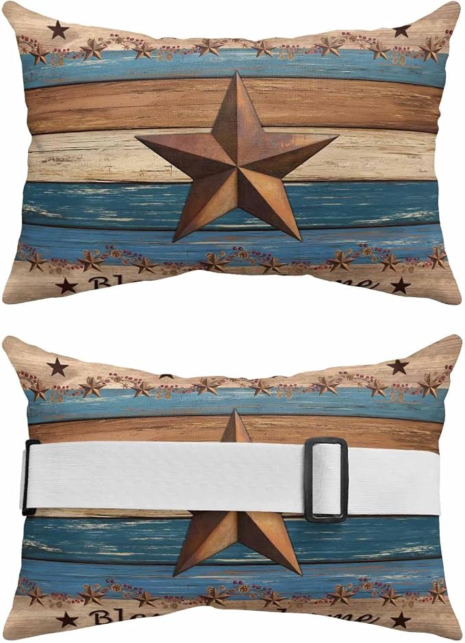 Western Texas Star Retro Outdoor Pillows for Chaise Lounge Chair Beach Headrest Pillow Set of 2 Lumbar Pillows with Insert&Strap Country Farmhouse Dark Blue Brown Wooden Neck Pillow for Pool 11"x16"