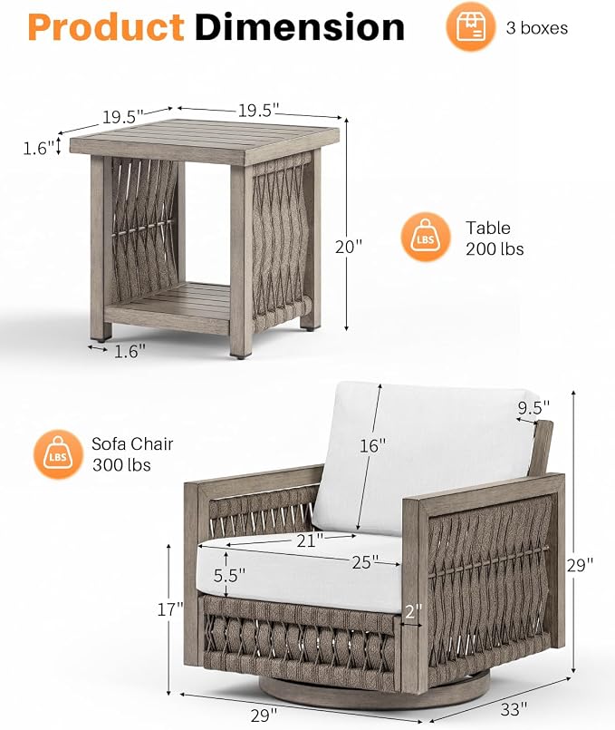 3 Pieces Patio Furniture Set, Outdoor Aluminum Swivel Patio Bistro Set with Washable Cushions, Rope Weave Patio Conversation Set, Outdoor Furniture Set for Garden, Porch, Deck, Pool, Gray Oak