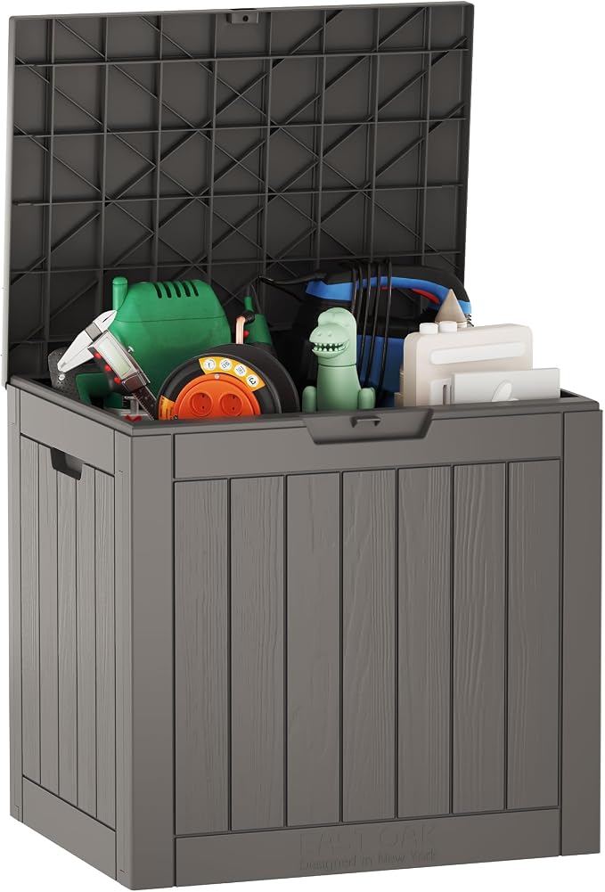 EAST OAK Deck Box, 31 Gallon Indoor and Outdoor Storage Box with Padlock for Patio Cushions & Keter Marvel Plus 71 Gallon Resin Outdoor Box for Patio Furniture Cushion Storage, Brown