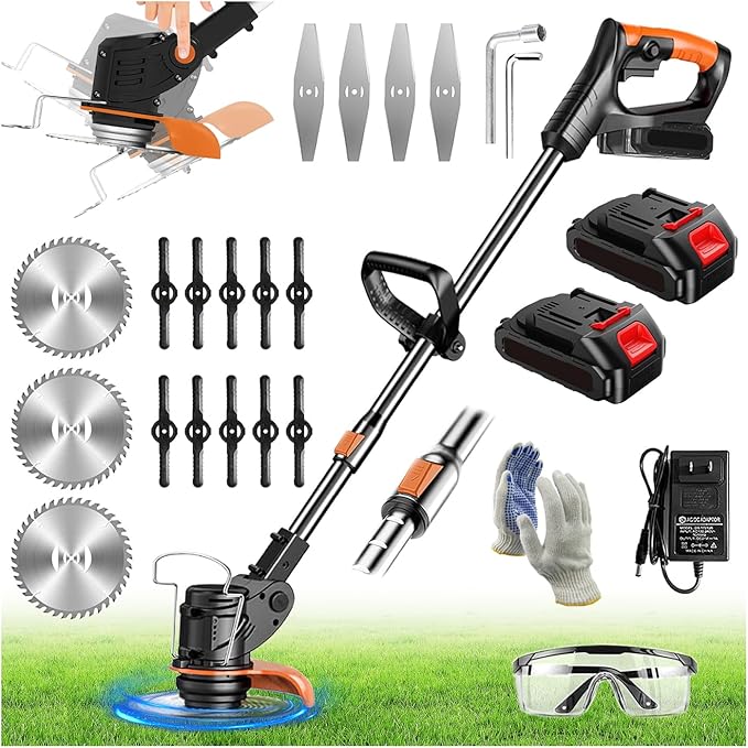Electric Weed Wacker String Weed Eater Cordless Grass Trimmer 21V Battery Powered String Trimmer with 2x2.0ah Battery and Charger Brush Cutter/Edger/Mower with 3 Types Blade for Garden Lawn(Black)