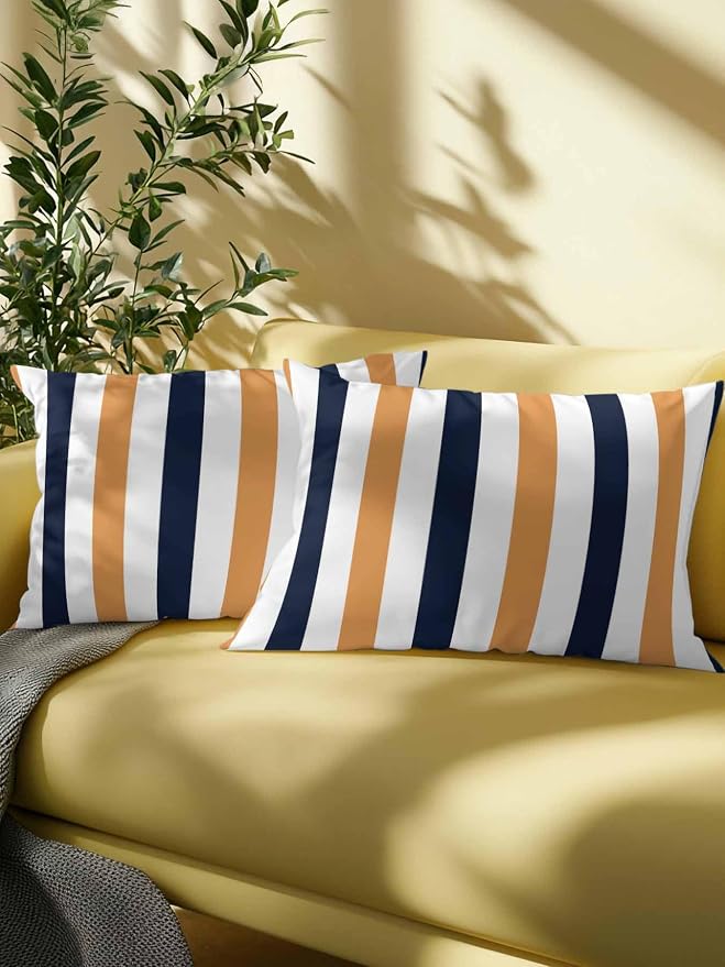 Outdoor Pillows Waterproof, Burnt Orange Navy Blue Striped Bedding Throw Pillows with Insert for Couch Sofa Bed, Farmhouse Stripe Art 12x20 Inch Pillowcases Camping Patio Pillow Set of 2
