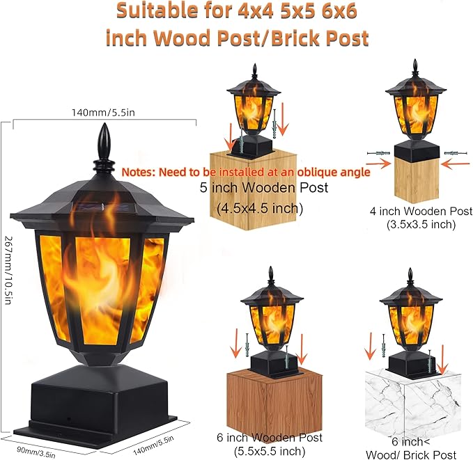Dynaming Solar Flame Post Lights Outdoor, Solar Powered Lamps Fence Post Cap Lights, Flickering Flame LED Lantern Decorative Waterproof for Garden Deck Patio, Fit 4x4, 5x5 or 6x6 Wooden Posts, 6 Pack
