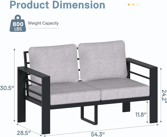 Patio Furniture Aluminum Loveseat, Modern Patio Patio Furniture with 3.54” Wide Seat and Thick Cushions, All-Weather Outdoor 2 Seats Sofa Couch for Deck, Porch