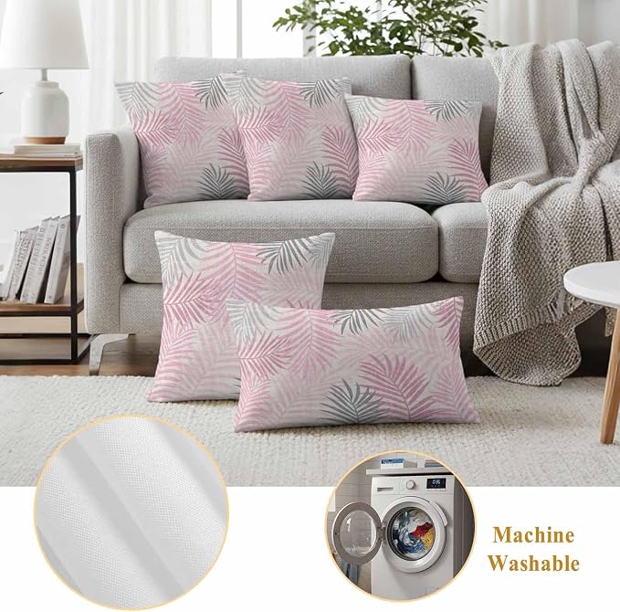 Outdoor Waterproof Throw Pillow Covers, Pink Grey Palm Leaves Decorative Pillow Cases, Summer Botanical Tropical Leaf Couch Pillow Protector Patio Sofa Cushion Covers Replacement 20"x12" 2 Pack