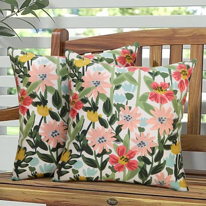 Pyonic Outdoor Pillows Cover Pack of 2 Spring Floral Waterproof Throw Pillow Covers 20X20 inch Outdoor Pillows for Patio Furniture Garden Square Outside Waterproof Pillow