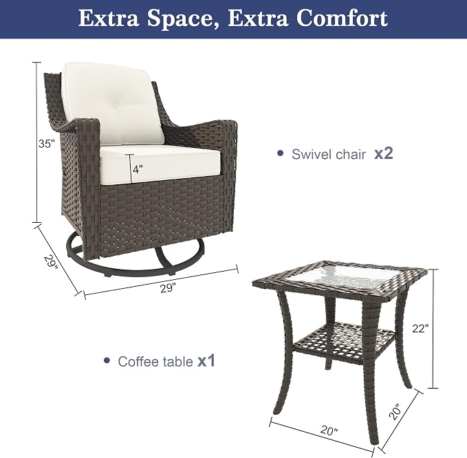 3 Pieces Patio Swivel Chairs & Side Table, Patio Wicker Chairs with Water-Resistant Cushion for Porch Outdoor PE Rattan Furniture Set