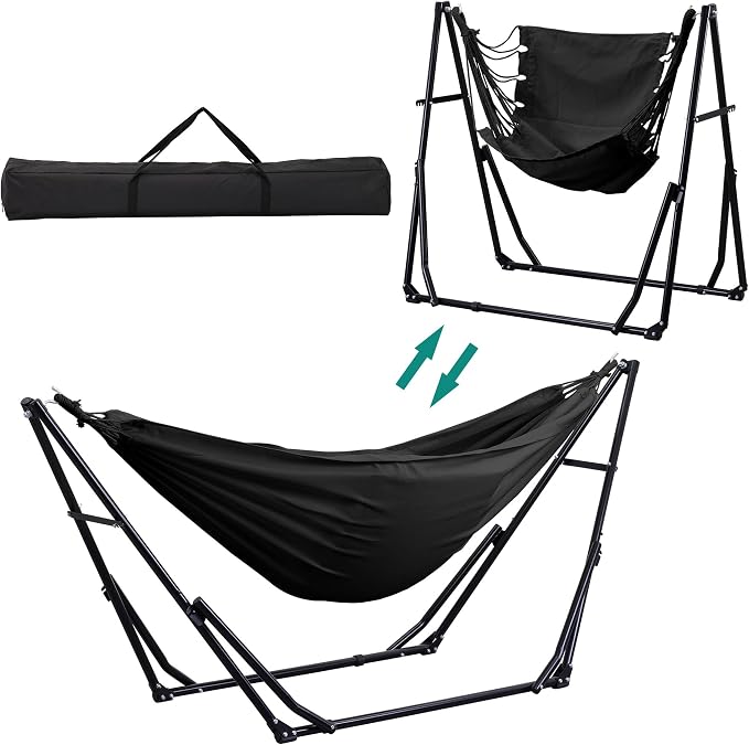 Ainfox Hammock with Foldable Stand, 2 in 1 Hammock and Swinging Chair with Carrying Bag, Portable Camping Chair Suitable for Outside, Swing,Patio,Garden,Camping Trip Black