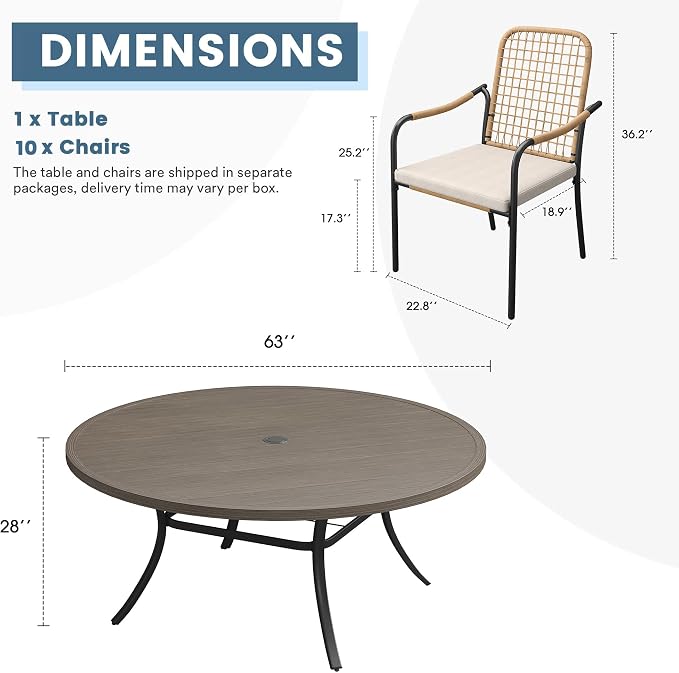 DIFY 11 Pieces Outdoor Dining Set for 10, 63" Round Dining Table with Umbrella Hole & Wicker Stackable Patio Chairs with Cushions, Metal Patio Table and Chairs Set for Backyard Porch, Grey Wood-Like