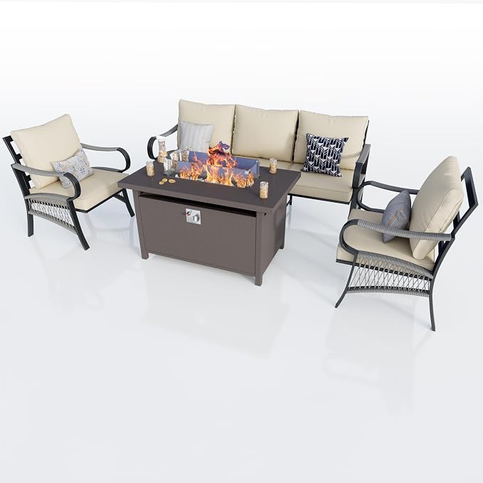 4-Piece Outdoor Furniture Set, Patio Conversation Set Include 3-Seater Sofa Couch Single Chairs with Fire Pit Table for Deck, Porch, Garden, Backyard, Poolside (Beige Cushions)