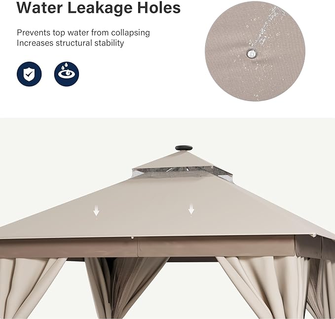 LAUSAINT HOME Patio Gazebo 10'x10' with Solar LED Roof Lights, Outdoor Heavy Duty Party Tent Shelter with Double Roofs, Mosquito Netting & Privacy Curtains for Backyard, Garden, Lawn, Khaki