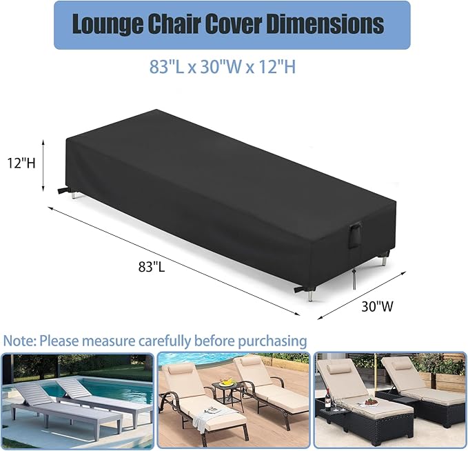 Chaise Lounge Covers, 2 Pack Waterproof Outdoor Lounge Chair Covers for Patio Furniture, Pool Lounge Chair Outdoor Furniture Cover - 83"L x 30"W x 12"H, Black
