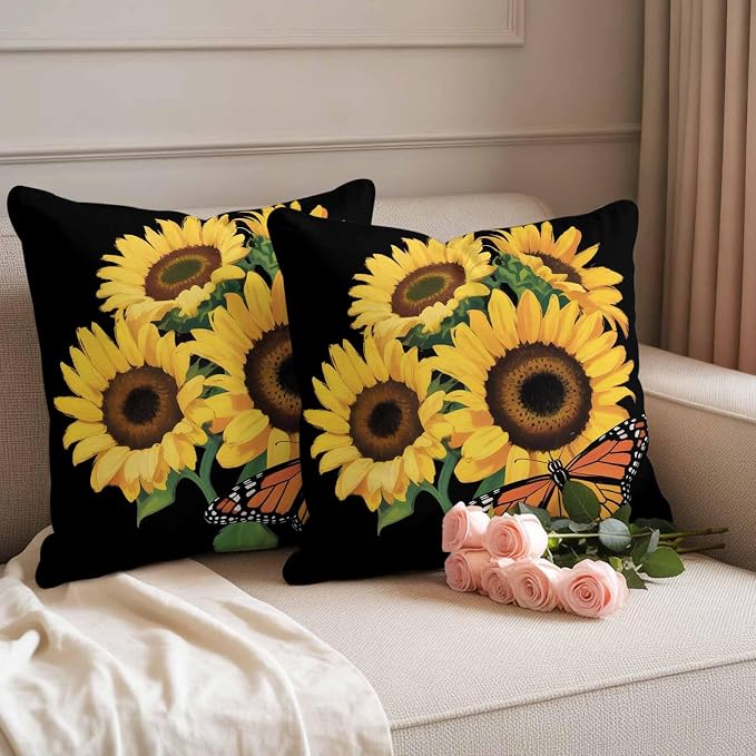 Outdoor Waterproof Throw Pillow Covers Set of 2 Watercolor Sunflower Pillowcases 20x20 Inches Summer Floral Butterfly Decorative Pillows Cushion Case Patio Pillows for Couch Bed Chair Garden