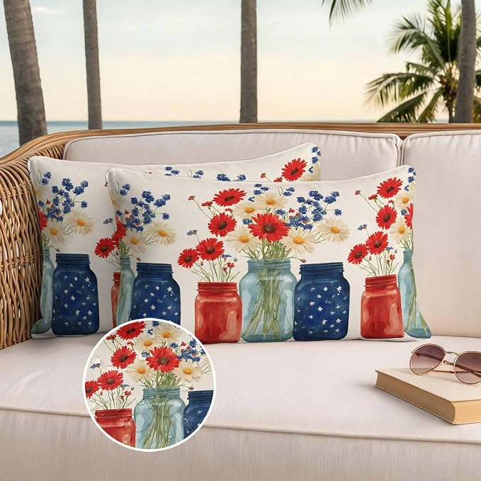 Independence Day Waterproof Outdoor Pillow Covers Set of 2 Home Decor, Red Blue Patriotic Poppy Flower Daisy Pillowcase Patio Pillow Covers for Couch Bench Furniture Garden 20x12in