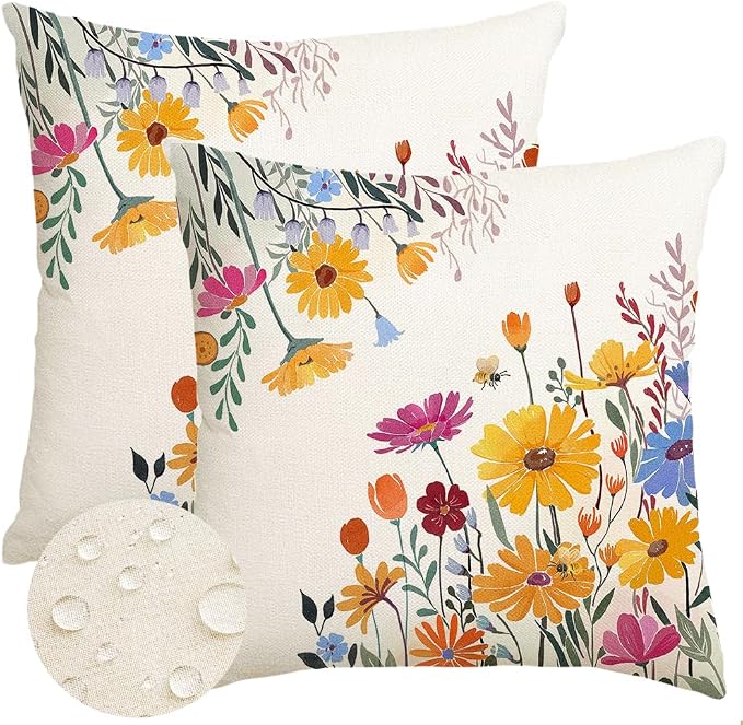 RABUSOFA Spring Summer Pillow Covers Waterproof 18x18 Inch Yellow Outdoor Decor Decorative Pillows for Couch Yellow Flower Daisy Floral Farmhouse Pillowcase for Patio Balcony Sofa Set of 2
