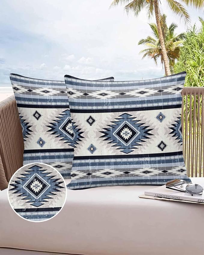Outdoor Waterproof Throw Pillow Covers Set of 2 Blue Boho Aztec Pillowcases 20x20 Inches Southwest Tribal Geometric Patio Decorative Pillows Cushion Case Patio Pillows for Couch Bed Chair Garden