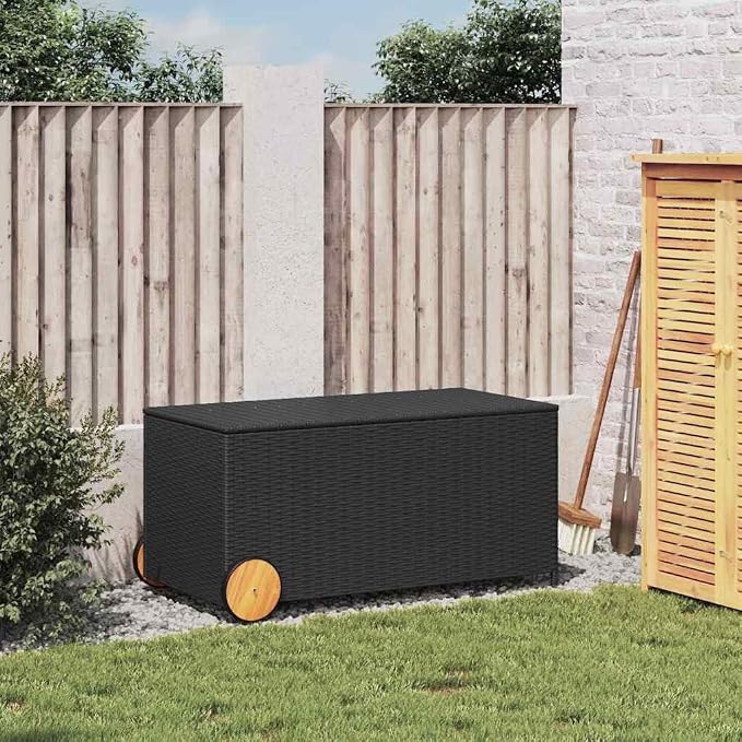 Garden Storage Box with Wheels, 50.2 Gal Outdoor PE Rattan Waterproof Cushion Storage Bin with Inner Bag and Steel Frame