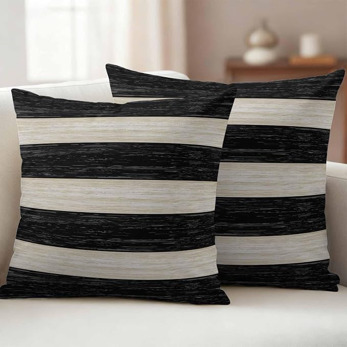 Black Cream Striped Outdoor Pillow Covers 18x18 Inch Throw Pillow Covers Set of 2 Waterproof Decorative Pillow Cases Farmhouse Vintage Shabby Chic Wood Grain Cushion Covers for Patio Furniture Garden