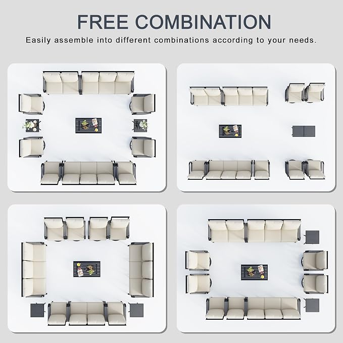 12 Pieces Outdoor Conversation Set, Rope Patio Furniture Sets Metal 2 Three-Seater Couch 4 Swivel Rockers with 2 Side Tables Loveseat Sofa 2 Single Chairs with Coffee Table, Beige