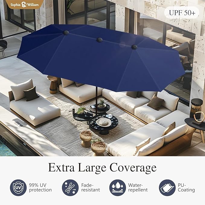 Sophia & William Patio Dining Set for 6 with 13ft Double-Sided Patio Umbrella, 8 Piece Metal Outdoor Table Furniture Set - 6 Outdoor Chairs, 1 Rectangle Dining Table and 1 Large Navy Blue Umbrella