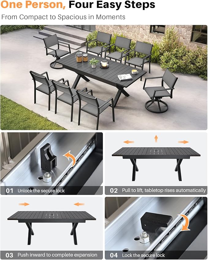 9 Pieces Expandable Outdoor Dining Table Set, Never-Rust Aluminum Patio Dining Set with 2 Swivel Chairs, Expandable Dining Table and 6 Stackable Textilene Chairs for Deck, Poolside, Black