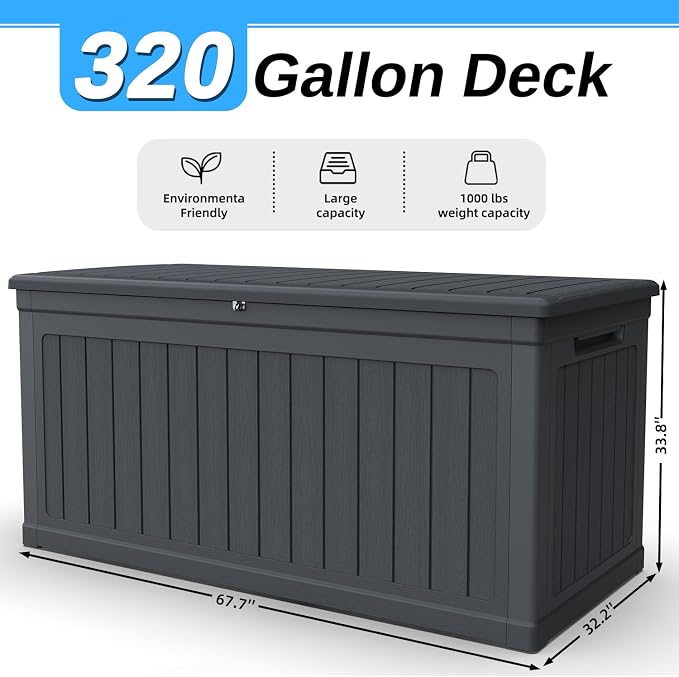 320 Gallon Outdoor Storage Deck Box, Waterproof Resin Deck Boxes with Handle & Lockable for Patio Furniture, Garden & Pool Tools -Swimming Pool, UV Resistant, Black (320)