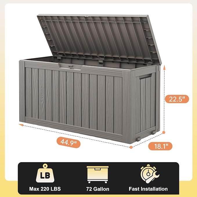 Bifanuo Outdoor Storage Box Waterproof, Resin Deck Box with Lockable Lid，Patio Storage Box Indoor and Outdoor Use for Cushions, Garden Tools & Package Delivery, UV Resistant (Grey, 72 Gallon)