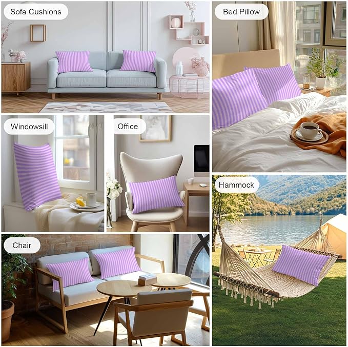 Lumbar Pillow Covers 20x12 Inch Set of 2, Purple Pink Waterproof Outdoor Cushion Covers, Geometric Vertical Striped Solid Rainbow Decorative Pillowcases for Couch, Sofa, Bed, Garden, Patio