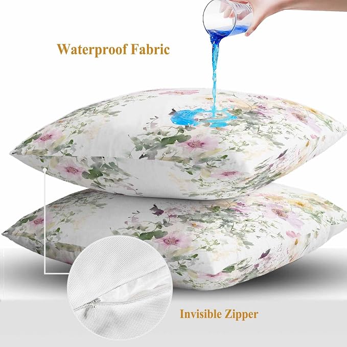 Watercolor Flowers Outdoor Waterproof Throw Pillow Covers Set of 2, 20"x20", Spring Retro Floral Purple Green Yellow Decorative Pillow Covers Outside Cushion Case for Patio Porch Garden