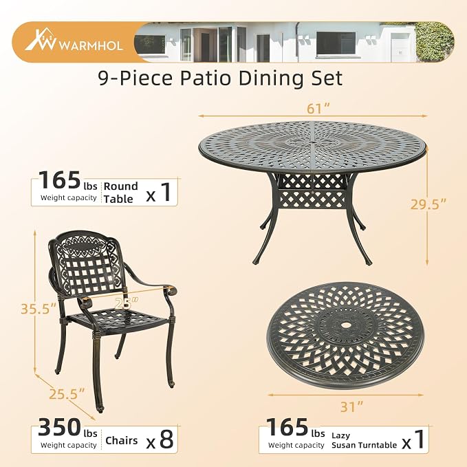 9-Piece Patio Furniture Dining Set, All Weather Cast Aluminum Outdoor Conversation Set- 61" Round Patio Dining Table with Detachable Lazy Susan & 8 Chairs, 2" Umbrella Hole, Dark Bronze