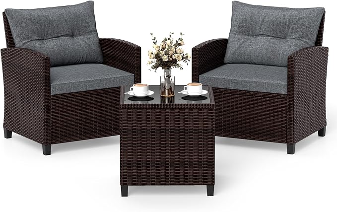 3 Pieces Wicker Patio Furniture Set, Outdoor Sofa Set with Water-Resistant Cushion & Tempered Glass Table, Outdoor Conversation Set Bistro Set for Garden, Balcony, Poolside(Gray)