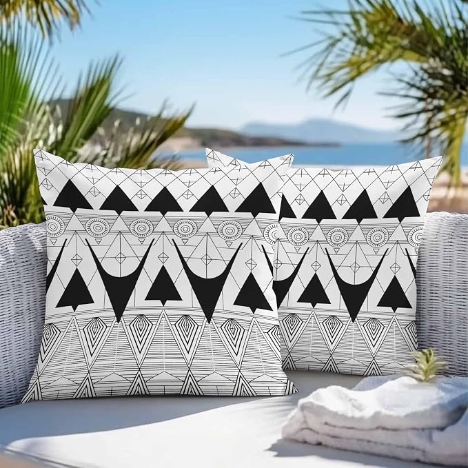 Throw Pillow Covers 20x20 Inch Set of 2, Black White Geometric Waterproof Outdoor Pillow Covers, Vintage Art Striped Decorative Cushion Pillowcases for Couch, Sofa, Bed, Garden, Patio